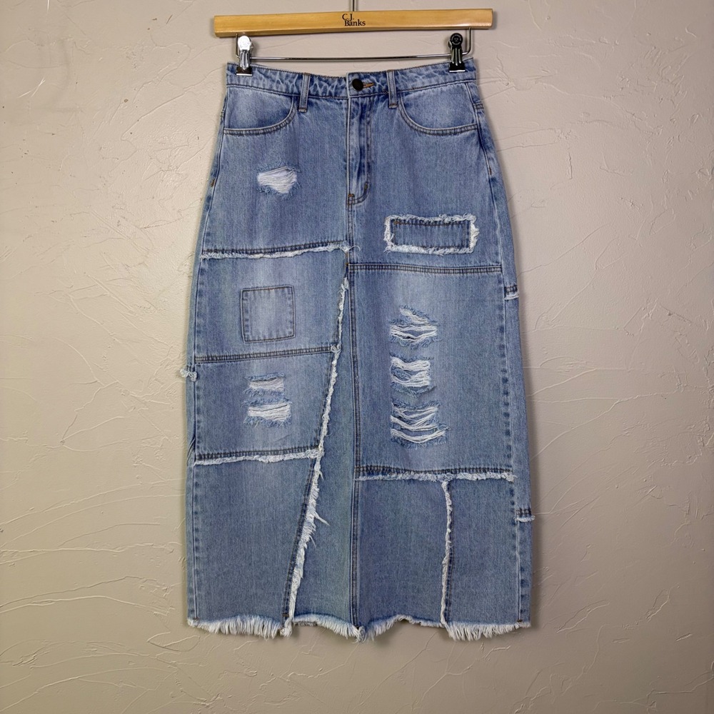 Easel Patchwork Distressed Denim Maxi Skirt Women‎ Small Blue Frayed Hem Boho